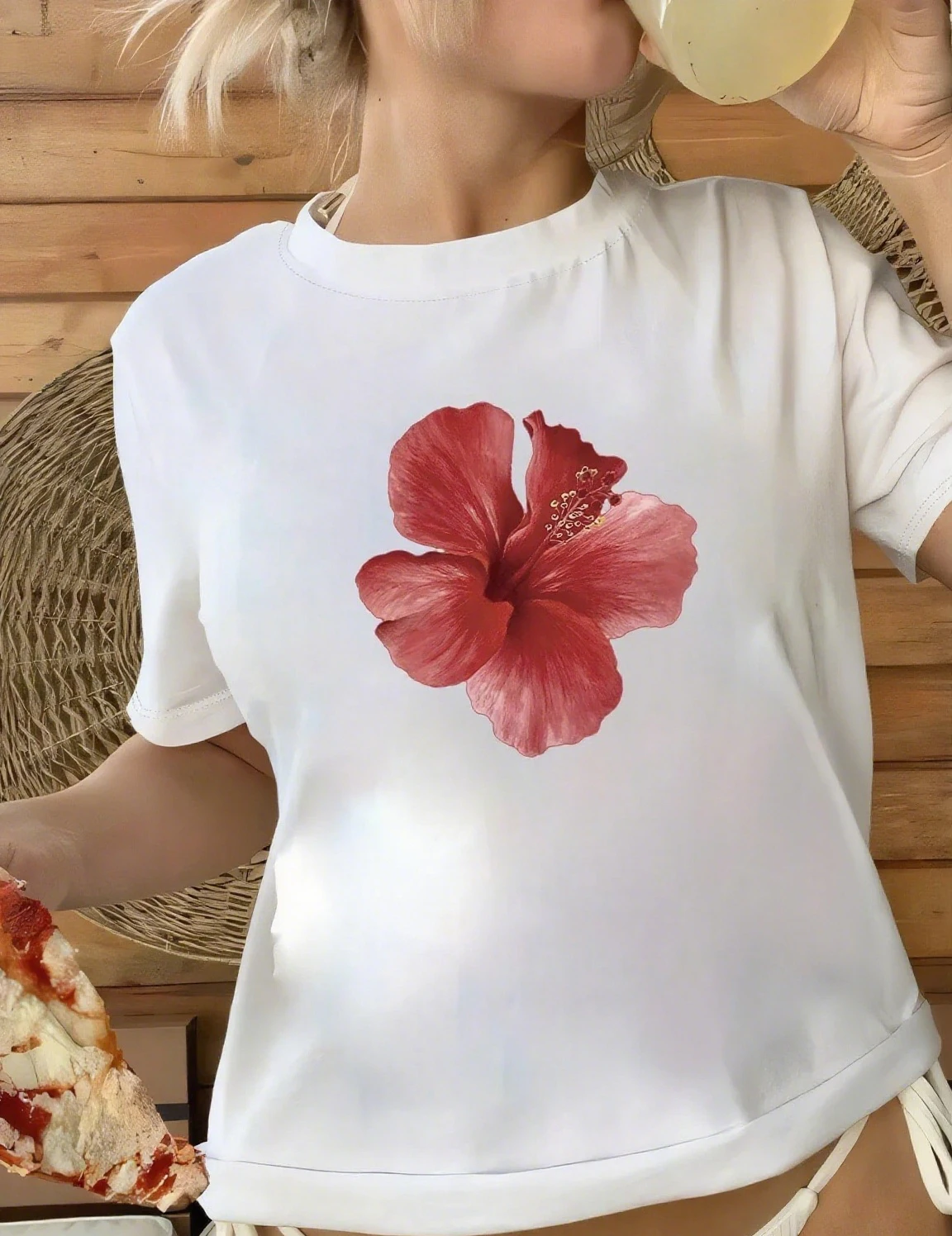 Kaus motif ceri kasual untuk wanita, T-Shirt kerah bulat, atasan motif bunga grafis lengan pendek, pakaian jalanan kasual wanita