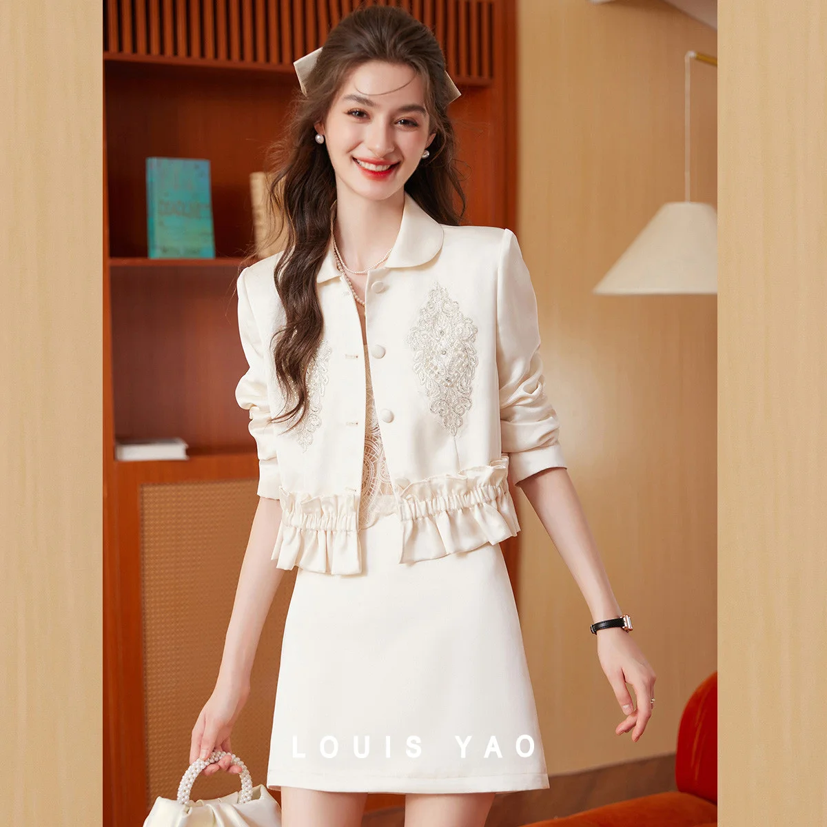 

LOUIS YAO Patch Mushroom Edge Two Piece Set 2025 Autumn Elegant Women's Set Collar Temperament Long Sleeve Top Short Skirt