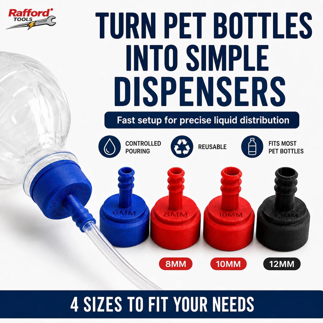 Rafford PET Bottle Hose Adapter Cap 6/8/10/12mm Reusable Liquid Dispenser Connector for Watering Fertilizer Nutrient Tube