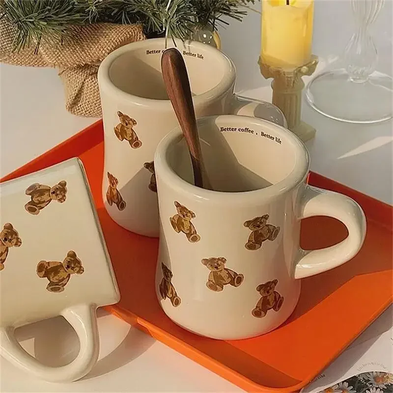 Teddy  Ceramic Mug with Handle Korean Cream Milk Coffee Breakfast Waist Cup Household Cup