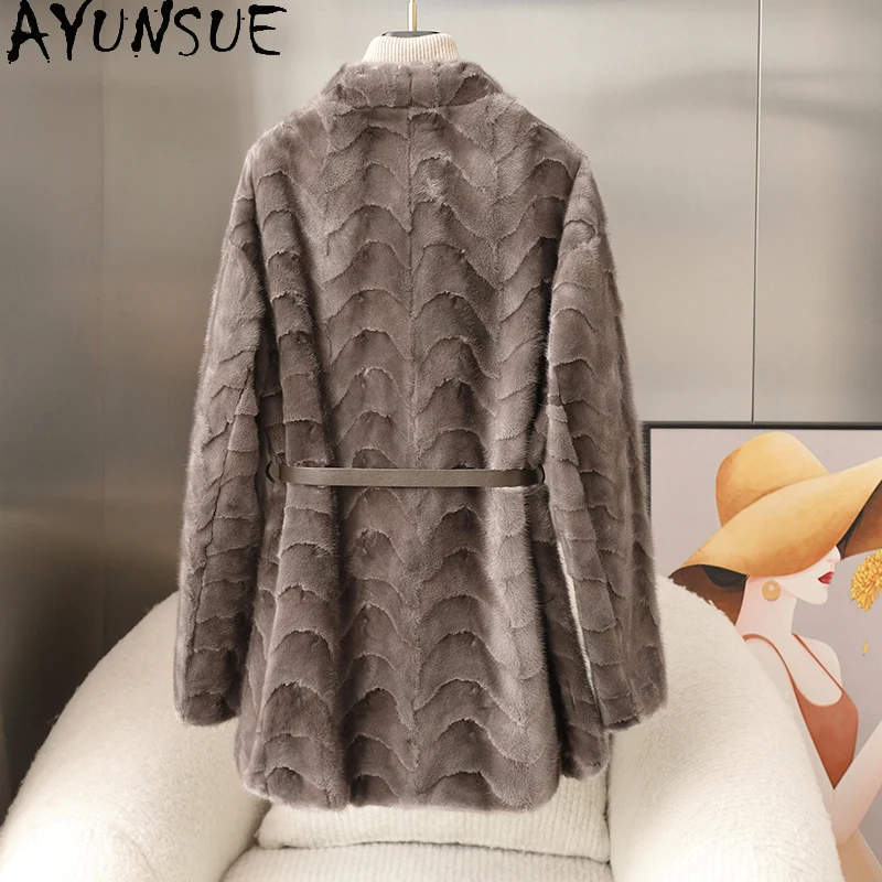 AYUNSUE Real Mink Fur Coat Women Clothes Luxury Real Fur Coats New in Outerwears Mid-length Winter Jacket Belt Пальто Женское