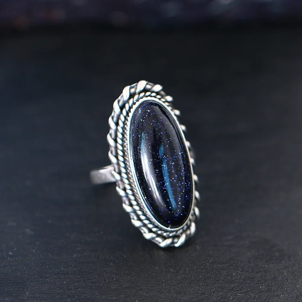 Bague en argent regardé 925 pour hommes et femmes, bijoux vintage, grès bleu, grande pierre, luxe, bague élégante, cadeau fin