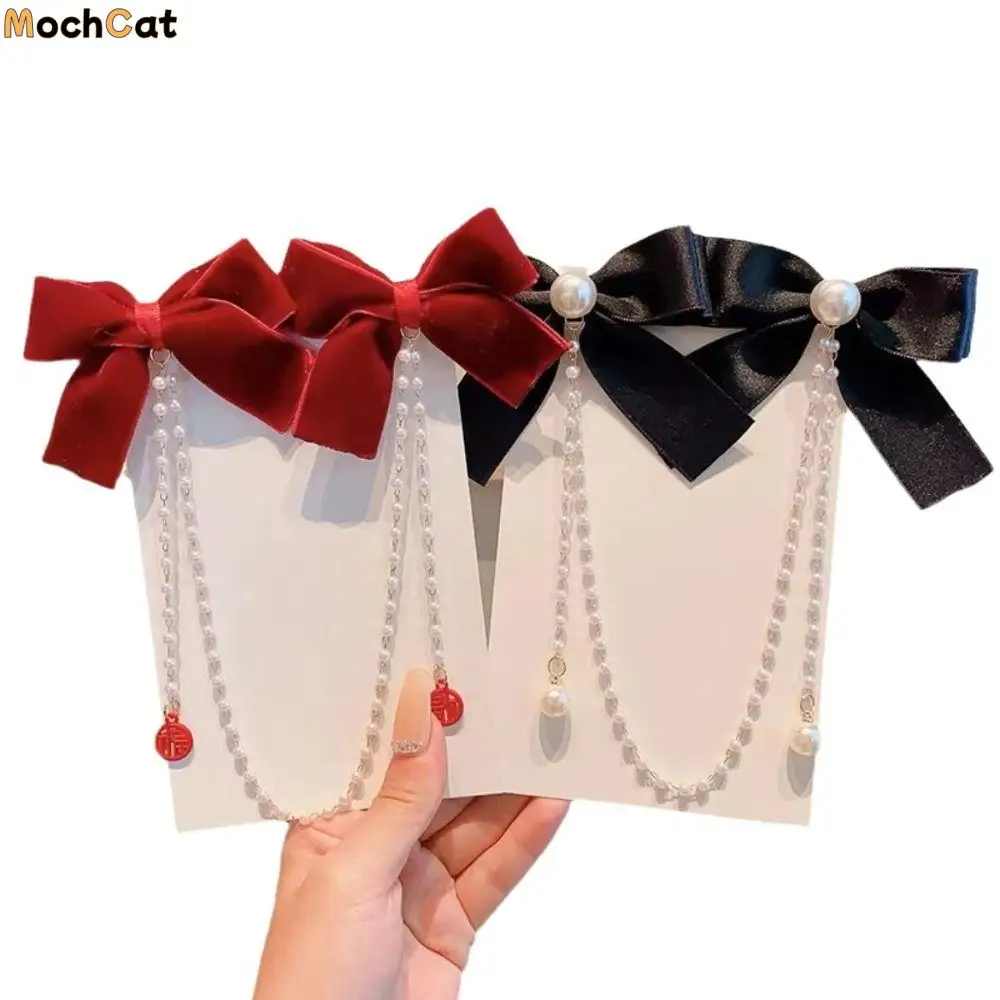 

Tassel Bowknot Hair Clip Pearl Chain Hair Side Clip Bow Tassel Hairpin Headwear Duckbill Clip Ribbon Bow Barrettes