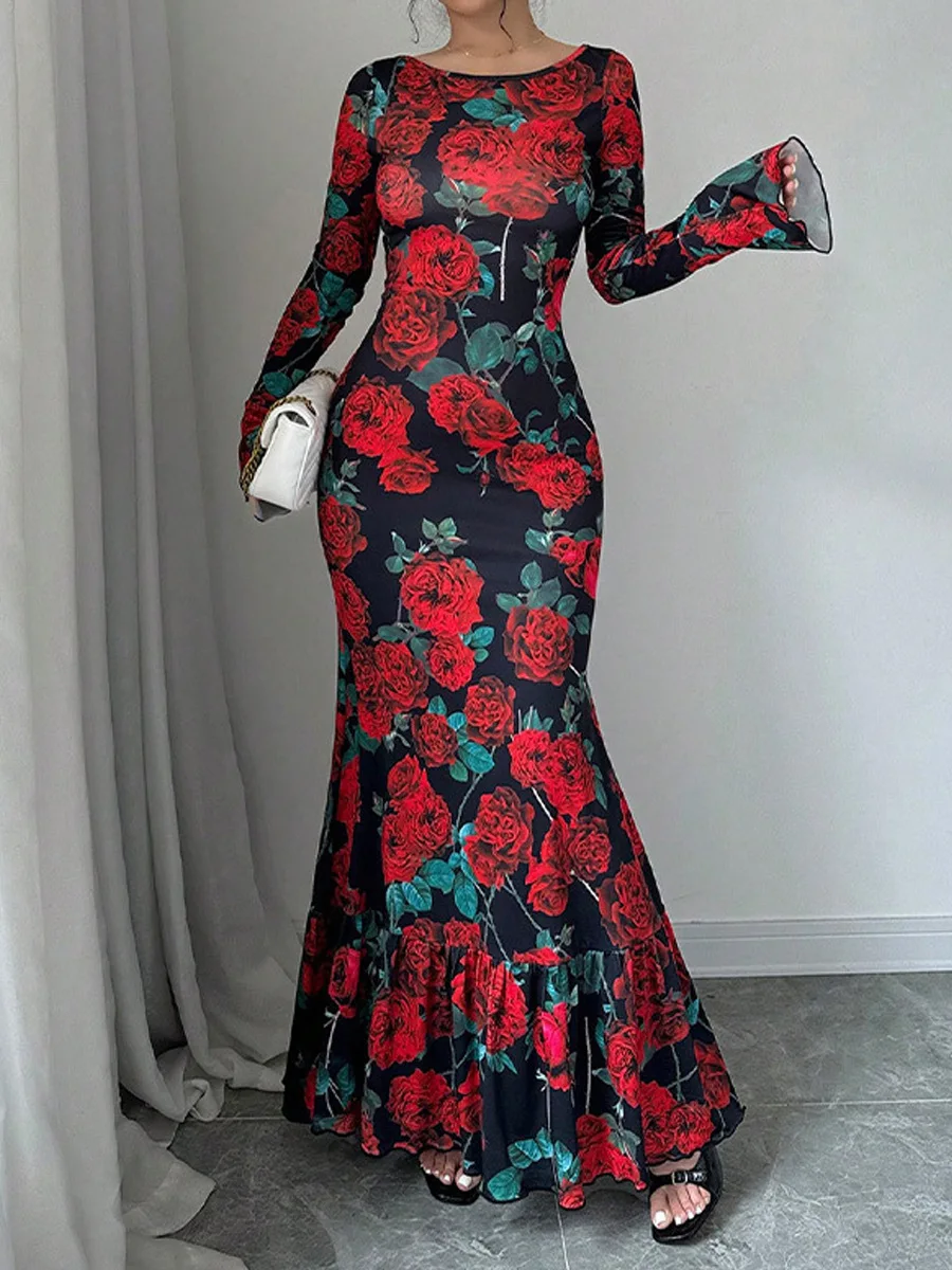 Abito lungo con stampa floreale rosa alla moda Abito lungo sottile a maniche lunghe con farfalla autunnale da donna elegante Abito da festa con collo slash da donna sexy