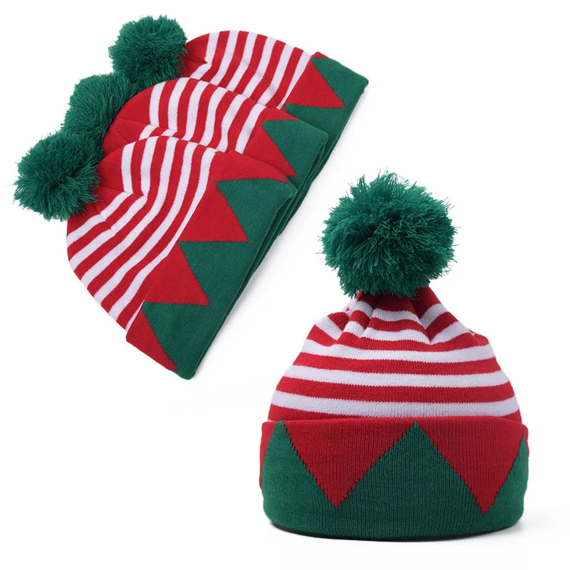 Adult Kids Knitted Christmas Hats Women Men Boy Girl Red Green White Stripe Parent-Child Beanie Pompom Hat Merry Christmas Gifts