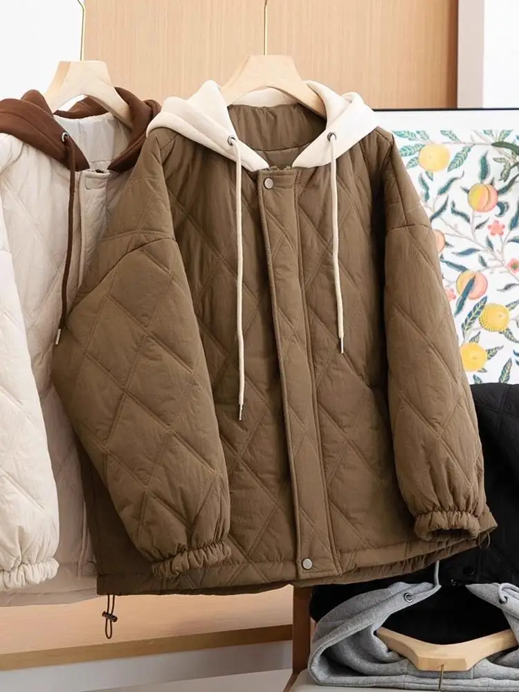 

Loose Fit Hooded Cotton Jaet Women's 2025 New Winter Korean Sle Faion Design Patchwork Outerwear Coat