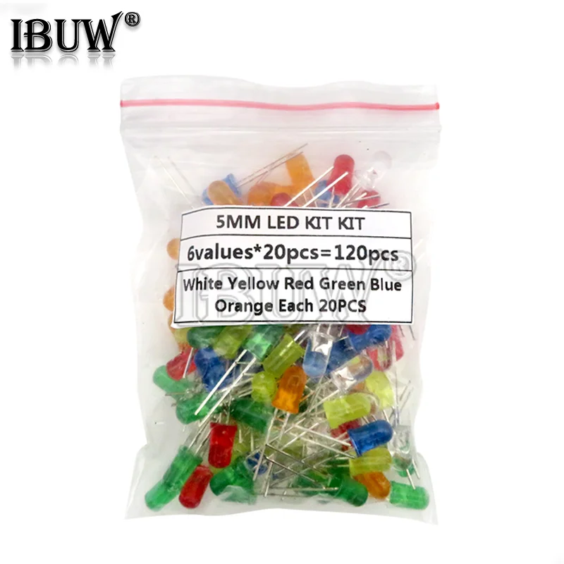 120PCS 6color X 20PCS 5mm LED Light Assorted Kit DIY LEDs Set White Yellow Red Green Blue Orange