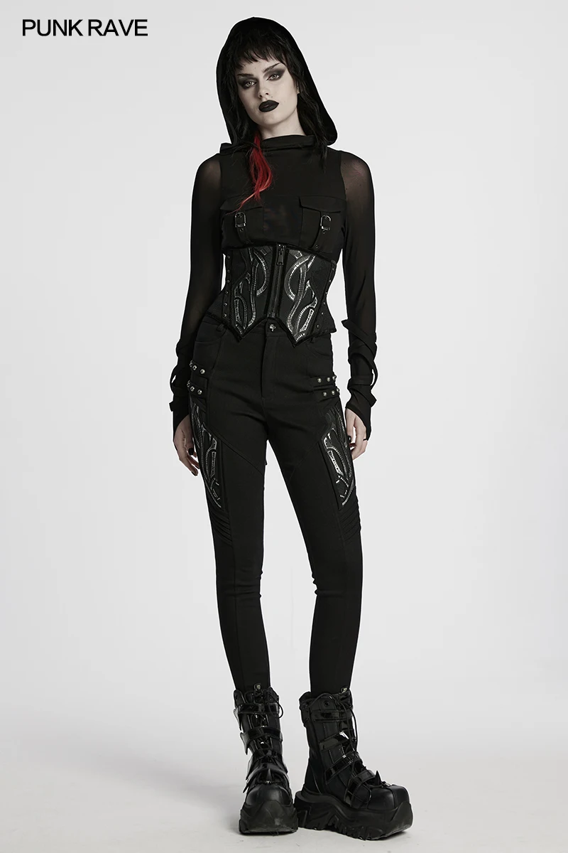 

PUNK RAVE Women's Cyberpunk Breathable Mesh Corset Symmetrical Pointed Hem Studs Mystery Adjustable Drawstring Accessories