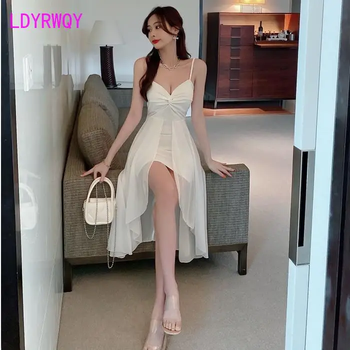 Slip skirt irregular chiffon panels, V-neck low-cut nipped-in waist dress, beach resort maxi dress