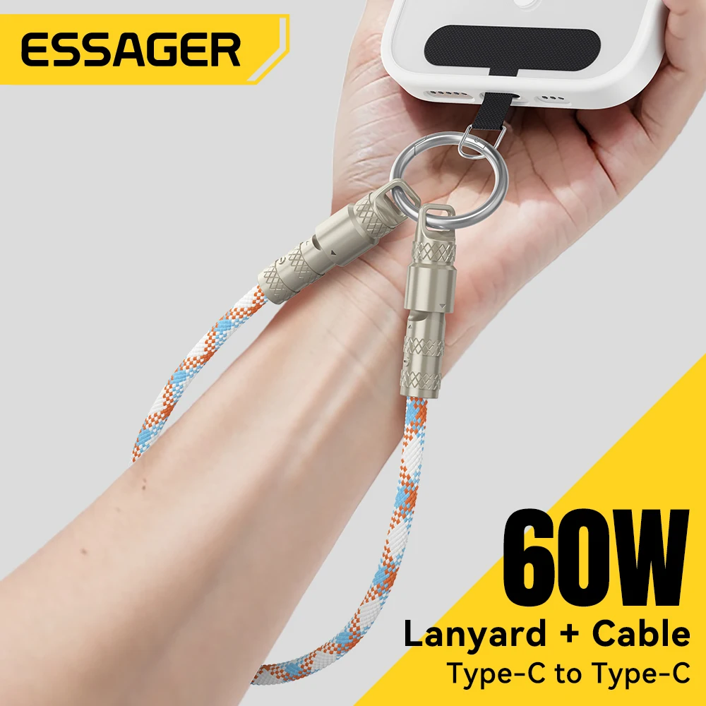 Essager 2 in 1 Type-C C To Type-C Fast Charging Cable Data Cord with Neck Straps Lanyard 60W PD Cable For iPhone Samsung Huawei