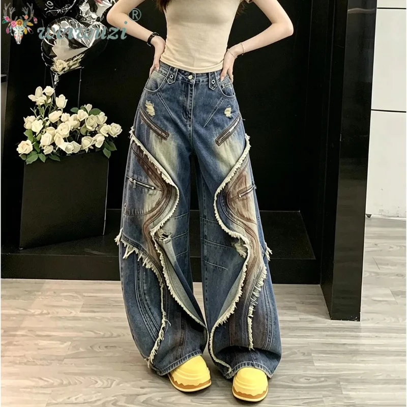 Women Heavy Craft Vintage Curved Knife Wide Leg Jeans High Waist Loose Versatile Niche Design Denim Trousers  Casual Streetwear