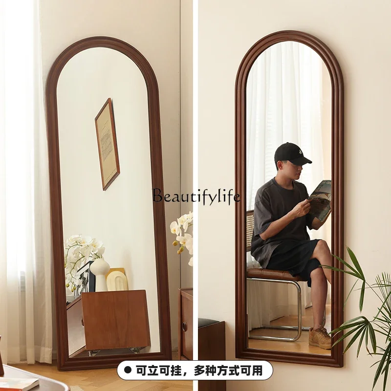 Retro solid wood full-length mirror household small apartment floor-to-ceiling wall-mounted bedroom log large mirror