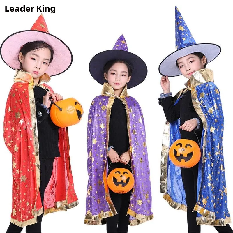 Halloween Heks Tovenaarsgewaad Kinder Vijfsterren Gold-pred Fluwelen Mantel Stage Performance Kostuum Polyestervezel 00%