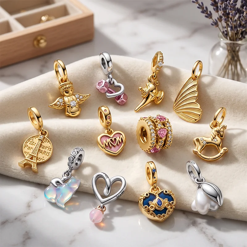 Best Sellers DIY Sparkling Angel Tower Heart Dumbbell Series Charm Bead Pendant Clips Fit Original Sterling Silver Bangle Gift ﻿