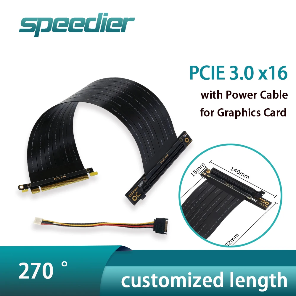 

PCIe 3.0 X16 To X16 Riser Graphics Card Extension Cable PCI-E 270 Degree Angle for GPU Vertical + Power Adapter Cable 5cm-100cm