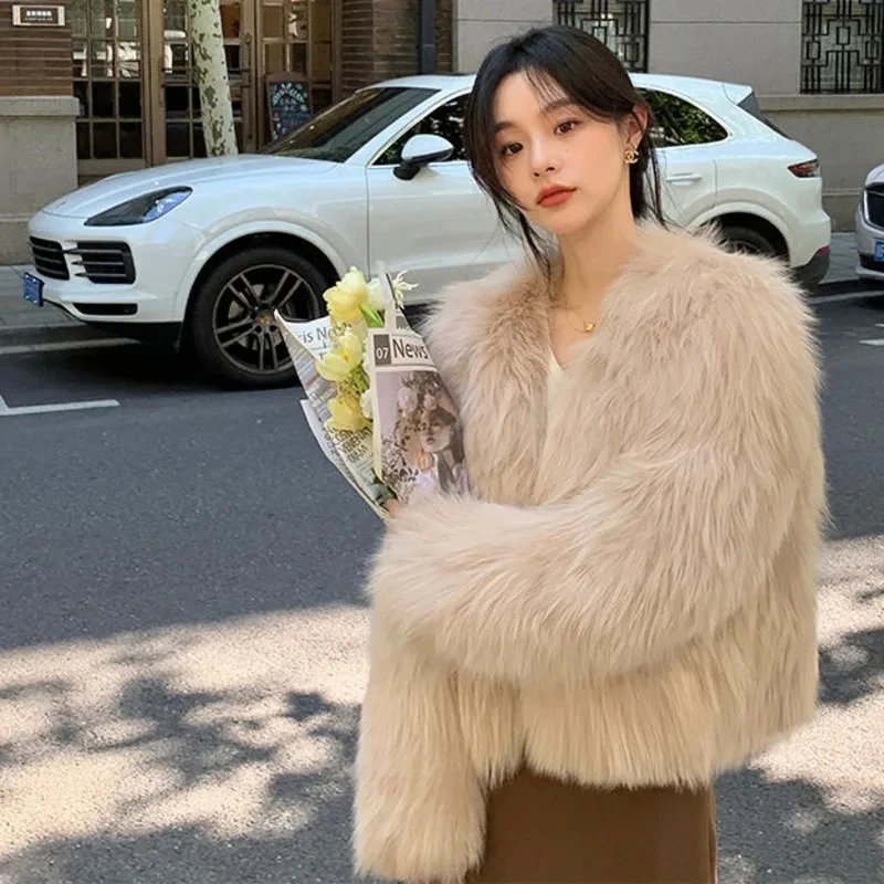 MEXZT Cropped Faux Fox Fur Coat Women Elegant Luxury Short Hairy Jackets Winter Korean Party Loose Warm Plush Outwear Overcoat