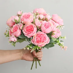 Vendita calda 1 pz/30 cm Rosa Bouquet di Seta Rosa Peonia Fiore Artificiale 5 Grande Testa 4 Piccolo Germoglio Sposa Decorazione Della Casa di Nozze