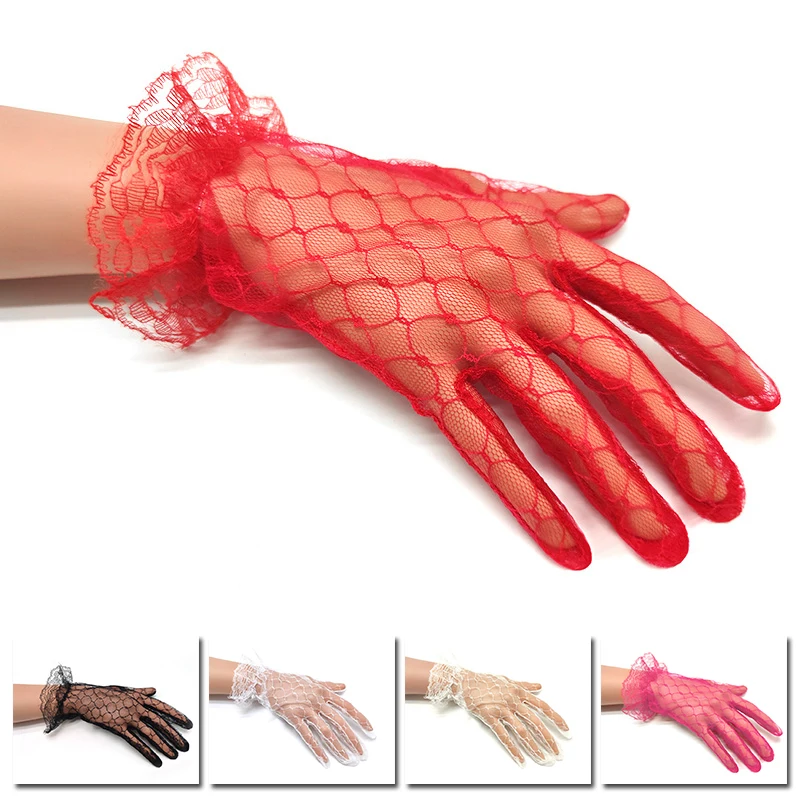 Elegant Ladies Short Lace Gloves New Sheer Fish Net White Prom Party Sexy Gloves Wrist Length Women Bride Mittens Driving Gloves