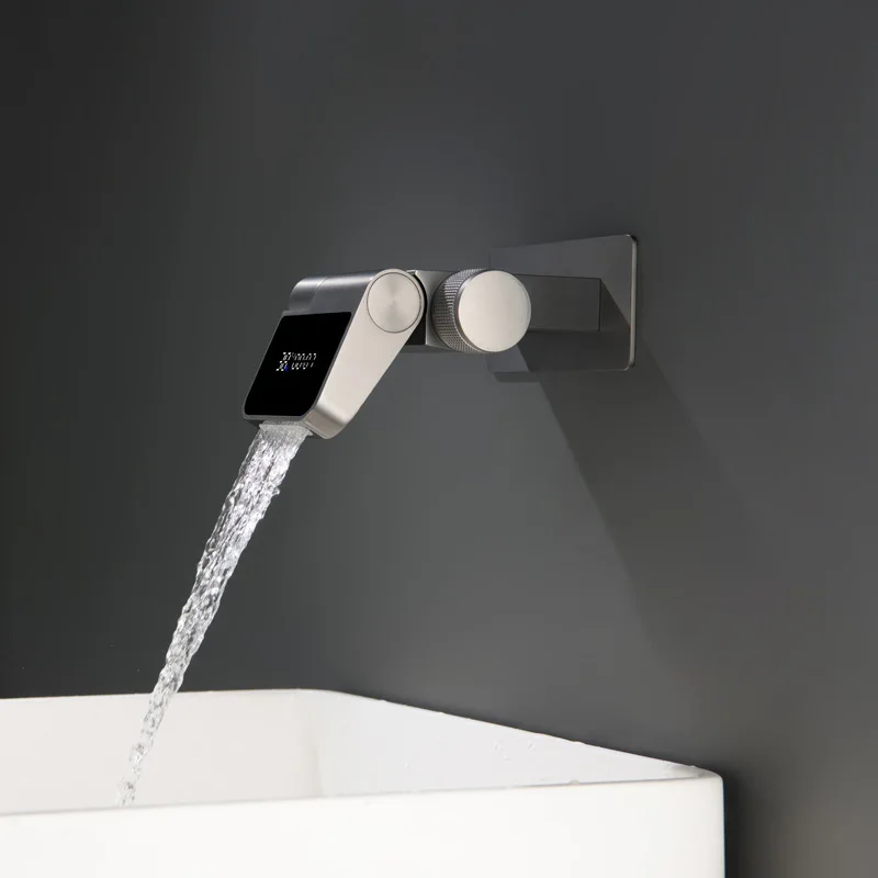 

Wall Mount 1 Hole Bathroom Sink Faucet Single Handle Hot and Cold Mixer Tap Digital Display Foldable Lavatory Basin Faucets Gray