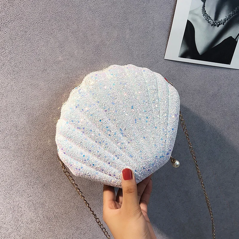 Cute Laser Sequins Small Shell Shoulder Bag Phone Money Pouch Summer Chain Pouch Crossbody Bags for Women Purse