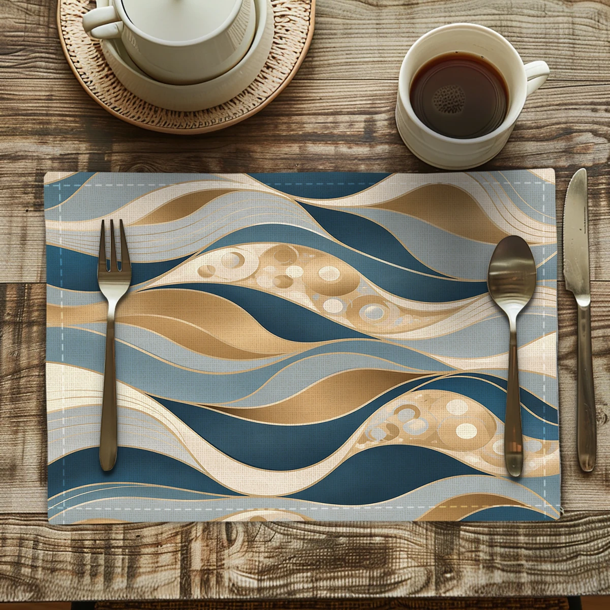 Ocean Themed Polyester Placemats & Coasters - Marine Life Pattern Table Linens for Home Dining, Restaurant Table Decor