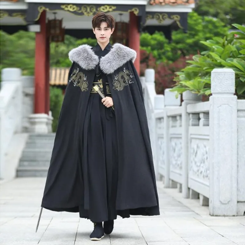 

Original Black Dragon Embroidered Hanfu Dress Suit with Velvet Imitation Fox Fur Collar Cloak Chinese Traditional Clothes Men