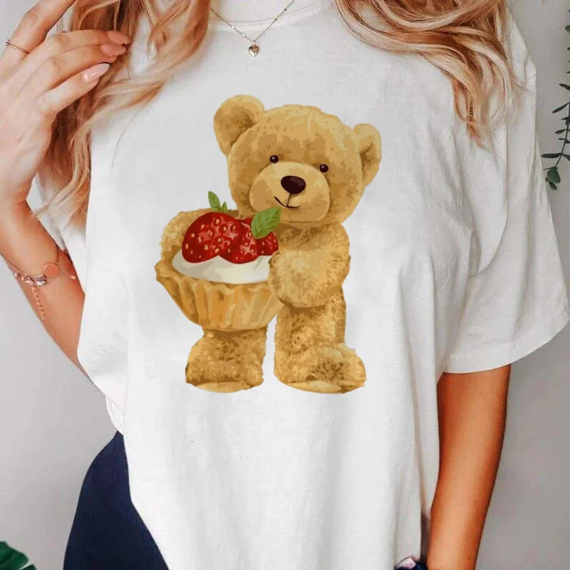 

Casual Women's Cake Bear Pattern 90s Printed T-Shirt Short Sleeved Women's O-Neck Fashionable Clothing White Top Basic T-Shirt