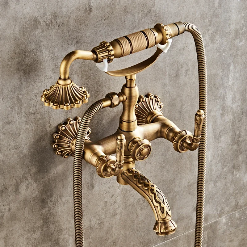 

Luxury Antique Brass Bathroom Shower Wall Mounted Faucet Mixer Tap Hand Held Shower Faucet Sets Carved Retro Bath Shower Set