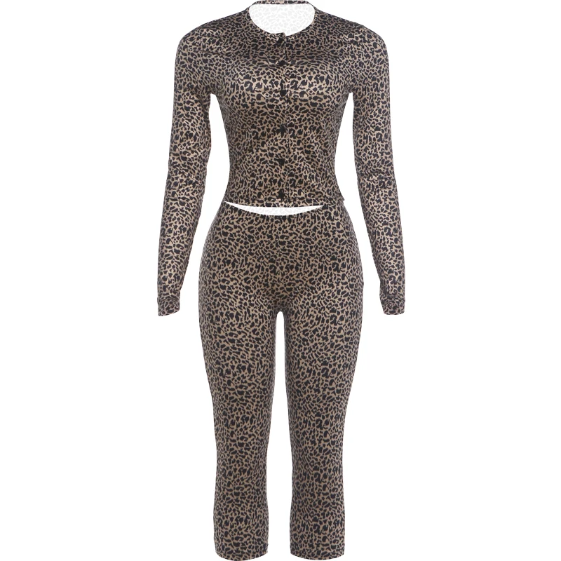 Weird Puss Leopardenmuster 2-teiliges Set für Damen, einreihig, O-Ausschnitt, langärmeliges Crop-Top + elastische Taille, eng anliegendes kurzes Street-Anzug-Set – Detail 2