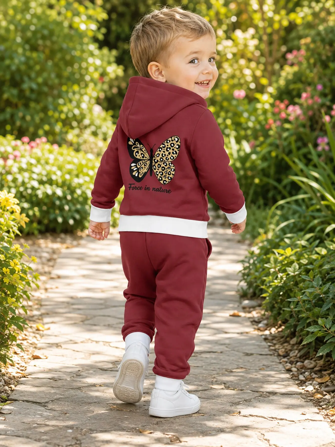 Hooded Zip Up Loose Sweatshirt Pants Set Leopard Butterfly Print Wine Red Long Sleeve Crew Neck Loose Fit Boys Fall Winter New S