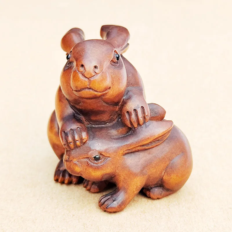 

GX1037 - 20 Years Old 2" Hand Carved Boxwood Netsuke - Rabbit and Bunny