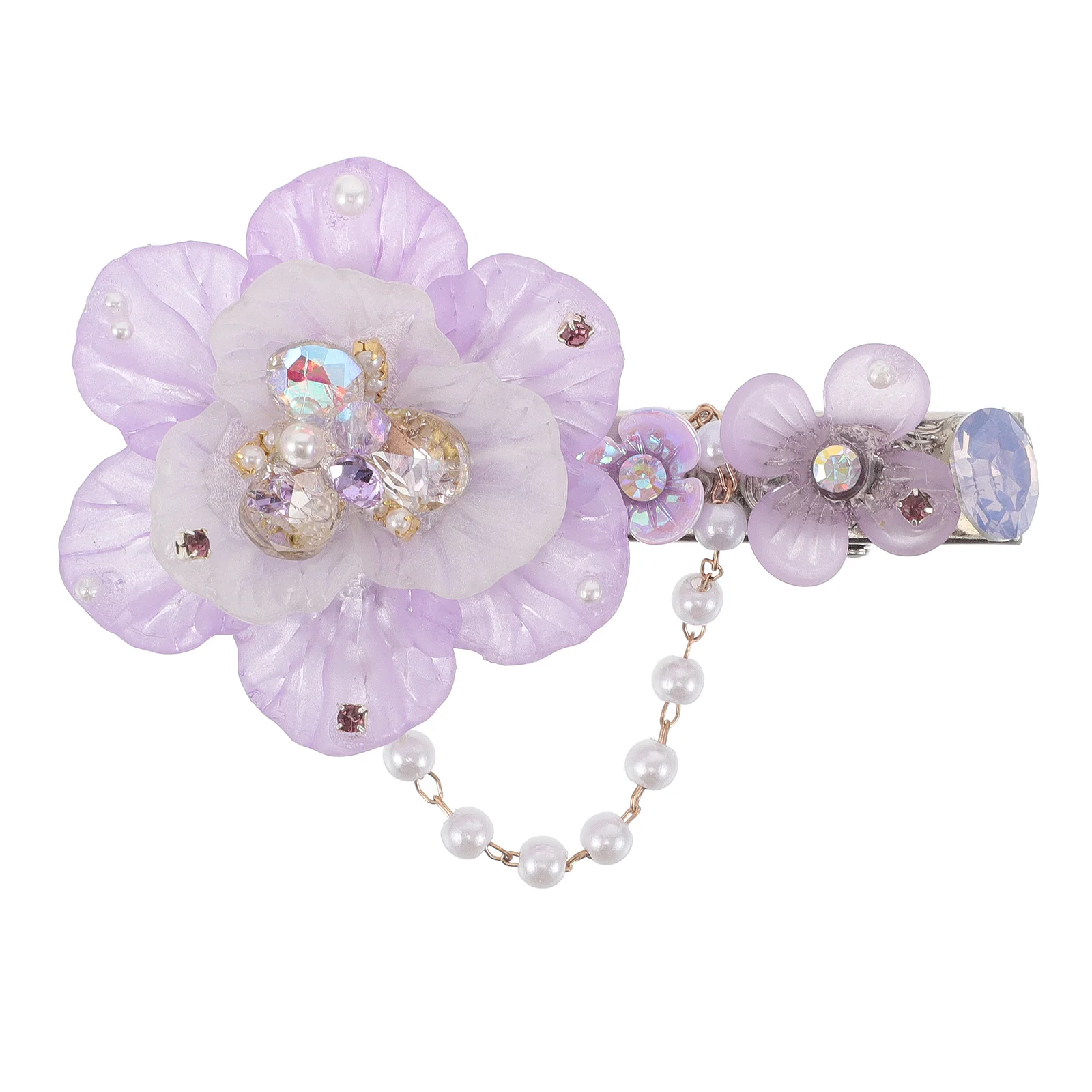 

Handmade Floral Side Hair Clip Imitation Pearl Tassel Resin Flower Barrettes Hanfu Bridal Wedding Party Headpiece