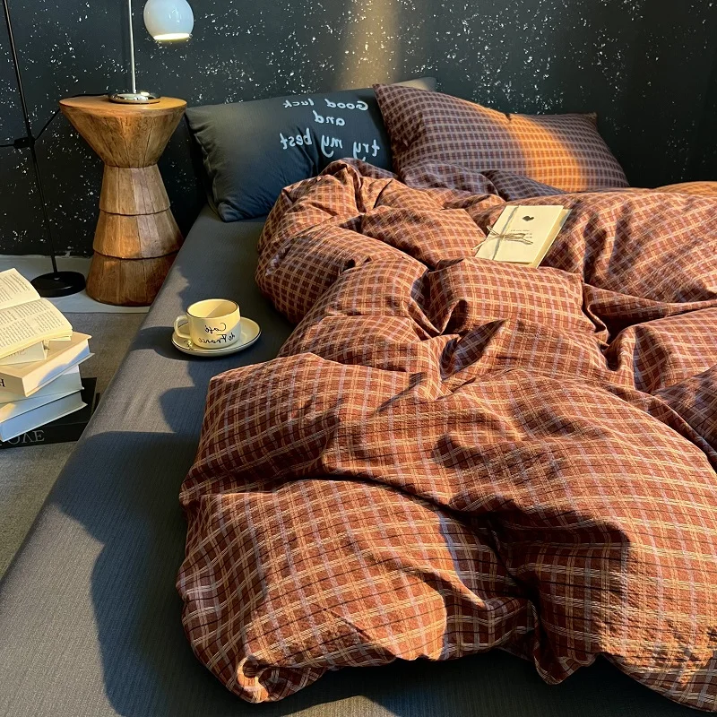 High Quality Beauty Bedding Set Plaid Duvet Cover Bed Sheet Set With Pillowcases Adult Dormitory Queen Size Winter Home Decor