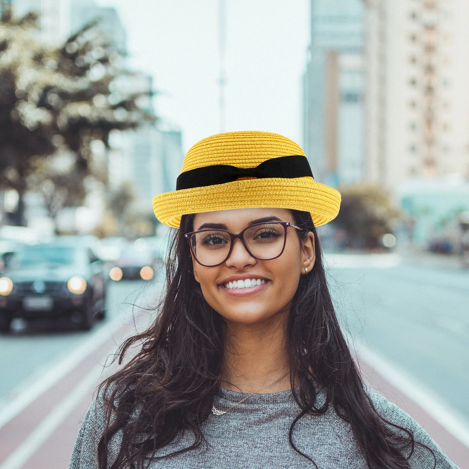 

Women'S Yellow Straw Sun 27X27X10Cm Foldable Dome Wide Brim Beach For Summer Travel Bowknot Design Straw Beach Hat Bowler