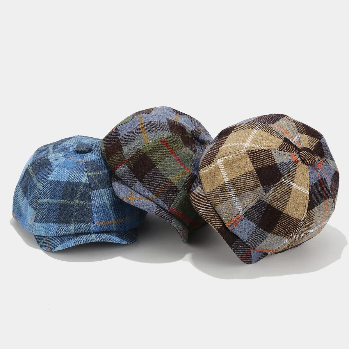 New Women Autumn Winter Woolen Octagonal Caps Fashion Plaid Pattern Beret Man British Retro Painter Hat Students Newsboy Caps