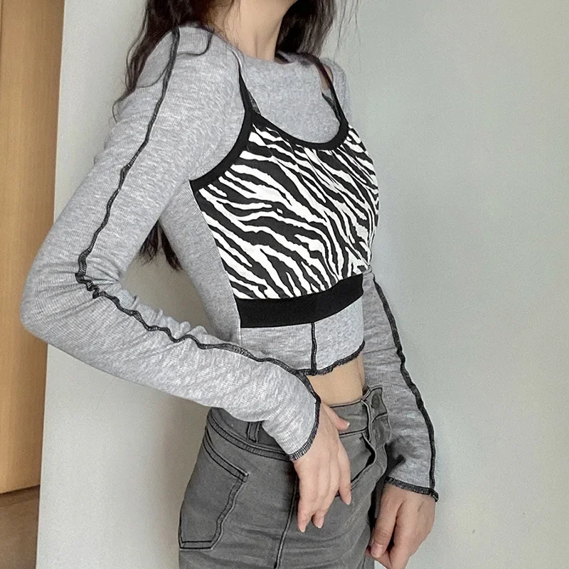 Harajuku Hollow Out Crop Tops Streetwear 2023 Vintage Punk Zebra Print Long Sleeve Tops Women Autumn Sexy Patchwork Basic Top