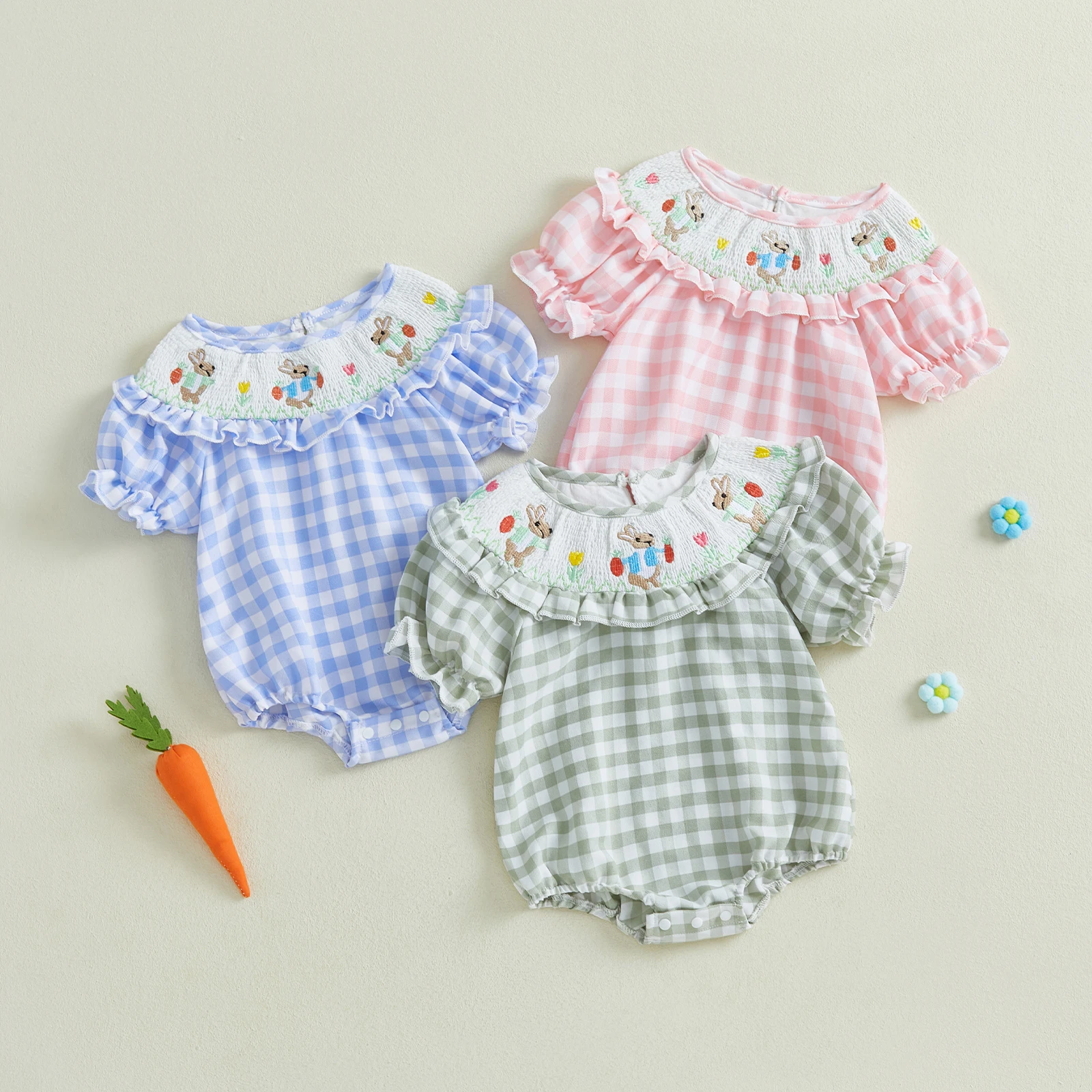 

Baby Girl Plaid Easter Romper Bunny Carrot Shirred Round Neck Short Sleeve Jumpsuit Cute Baby Bodysuits Spring Clothes