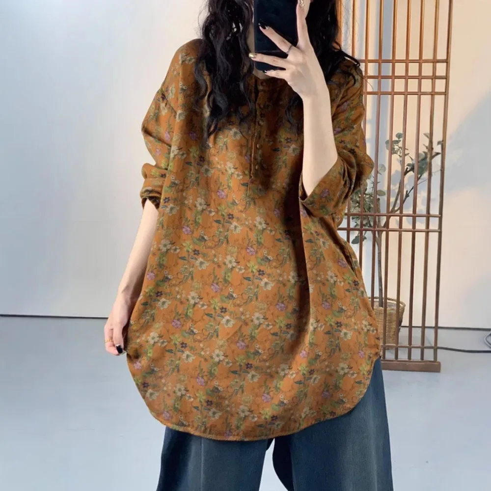 

2025 spring new literary printing half-open buckle curved hem loose medium and long double-layer yarn shirt 8999