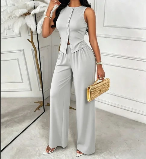 Damen 2-teiliges Outfit, ärmelloses Tanktop mit Knopfleiste, Hose mit elastischem Bund und weitem Bein, lässiger, einfarbiger Trainingsanzug – Detail 1