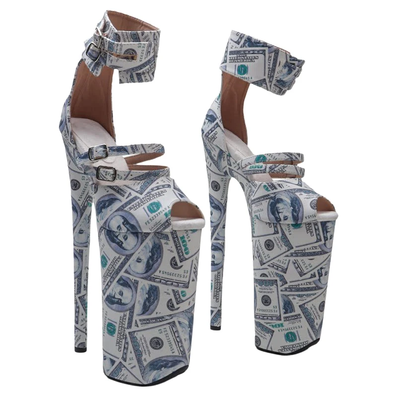 Leecabe 26CM/10inches Matte PU US Dollar Pattern Open Toe sexy Exotic High Heel Platform Party Sandals Pole Dance Shoes