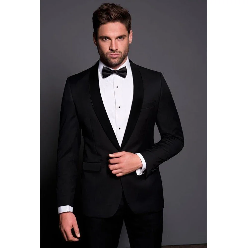 Black Velvet Shawl Lapel Men Suits 2 Pieces Fashion Handsome Gentleman Wedding Set Elegant Party Prom Male Slim Clothing