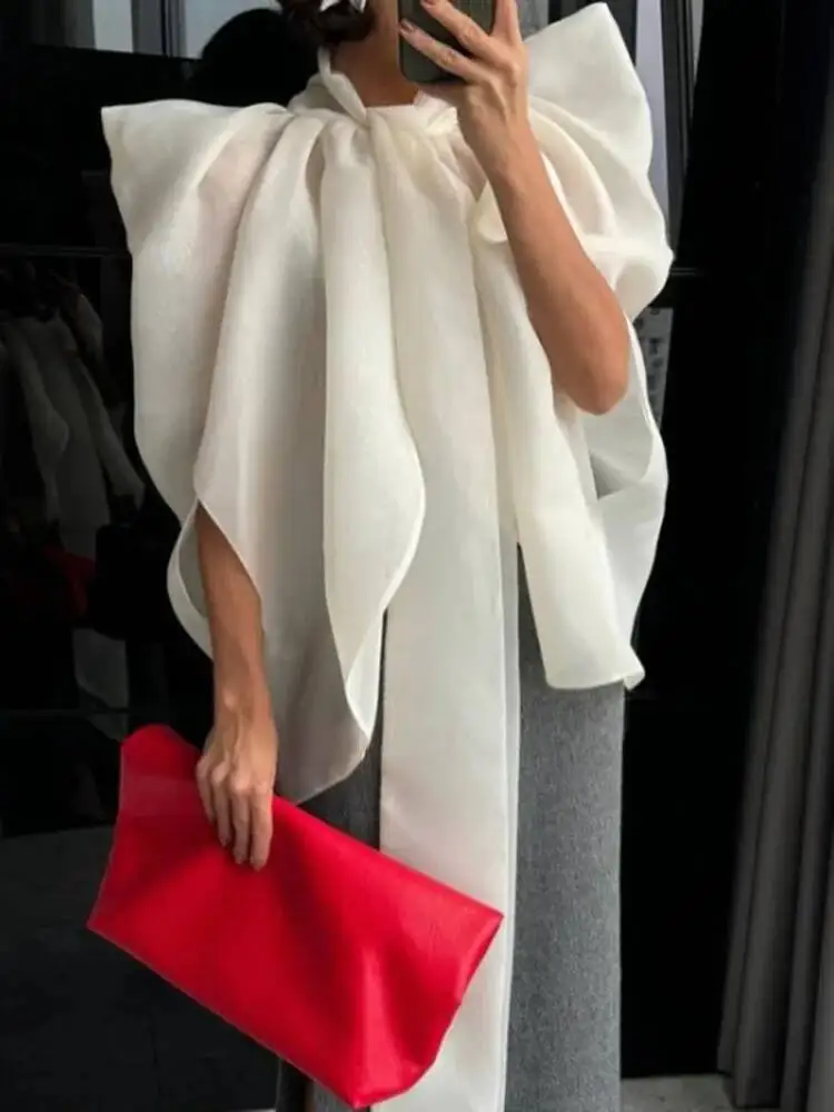 ONEXWEN Luxury Giant Bow Organza Blouse Women Elegant See Through Puffy Sleeve Top Sheer Mesh Shirt Wear 2026 ZM5275