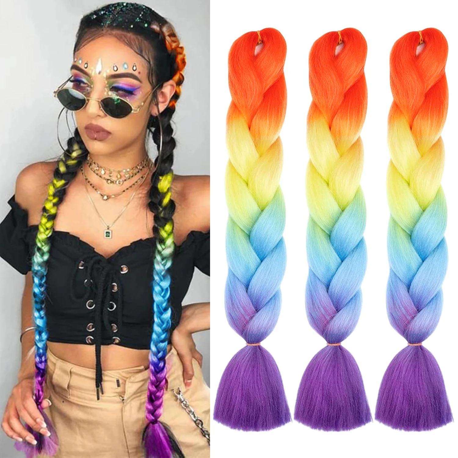 1/3 حزم وصلات شعر ملونة لضفائر جامبو جديلة في الشعر الوردي 24 بوصة تجديل شعر صناعي ملون للنساء #1