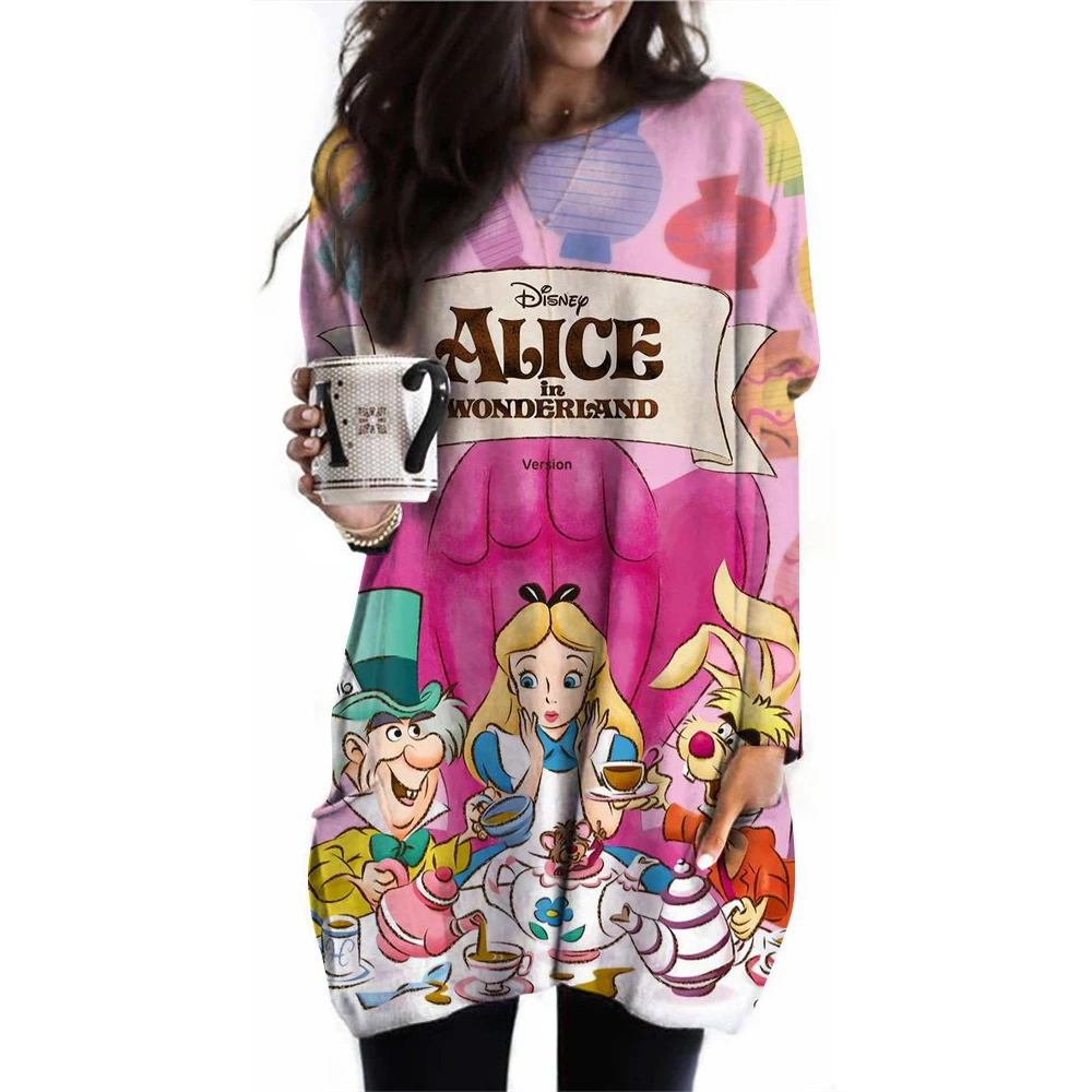 2024 New Women\'s Round Neck Long Sleeve T-shirt Disney Princess Printed Long Sleeve Pocket T-shirt Women\'s Casual Street Clothin