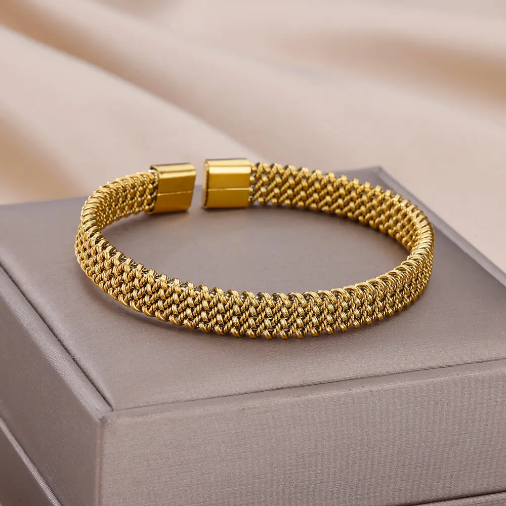 Knitting Bracelet for Women Men Gold Color Stainless Steel Bracelet Adjustable Handmade Cuff Bangles Femme Luxe Charm Jewelry