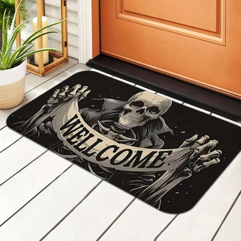 VIKAMA Gothic Skeleton Welcome Doormat, Spooky Skull Non-Slip Rug, Vintage Aesthetic Entryway Front Door Halloween Decor