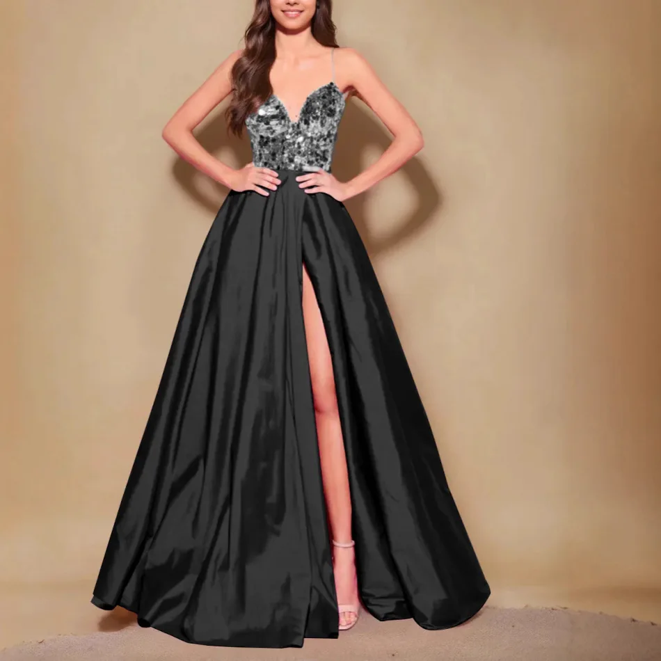 2025 جديد مزدوج اللون الترتر سبليت مثير خارج على الكتف العميق الخامس الرقبة الكرة ثوب مساء اللباس