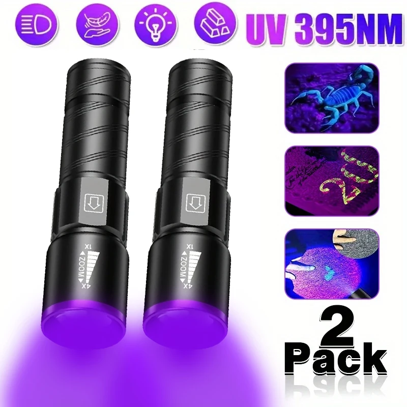 UV 395NM Flashlight Rechargeable UV Zoomable Torch 3 Modes Camping Ultraviolet Flashlights for Pet Stacks Fluorescent Detection