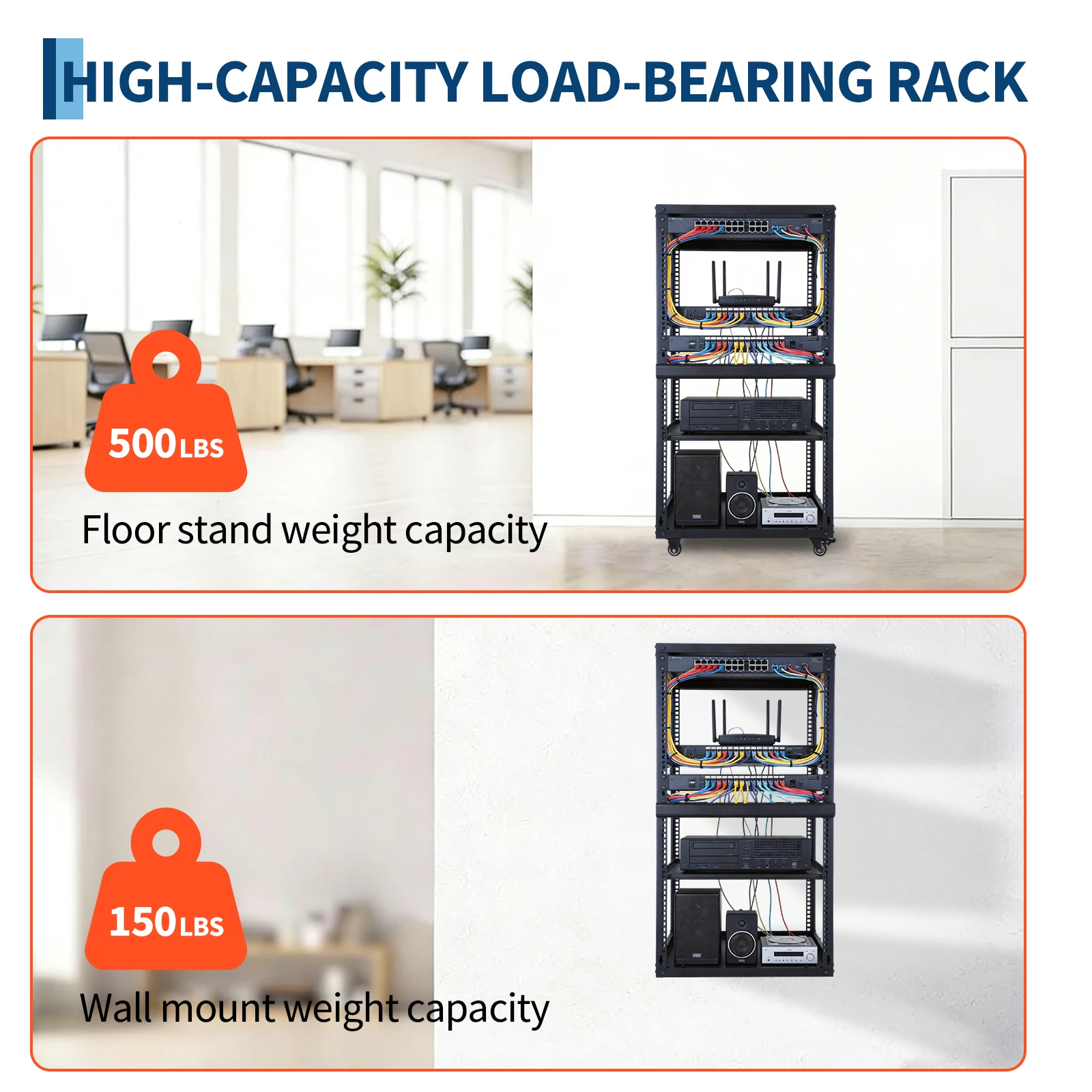 Network Rack - Heavy Duty Open Frame Network / Server Rack for IT & AV Gear , Floor Standing or Wall Mounted IT Equipment Cabinet , with 2 PCS 1U Rack Shelves & Mounting , for 19
