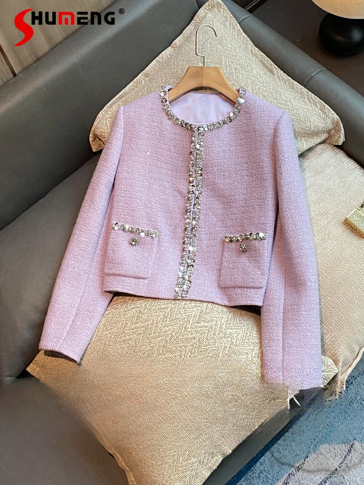 Feminine Socialite Small Fragrant Coat Women's 2024 Autumn Winter New Jacket Sequins Diamond Tweed Long Sleeve Purple Short Tops